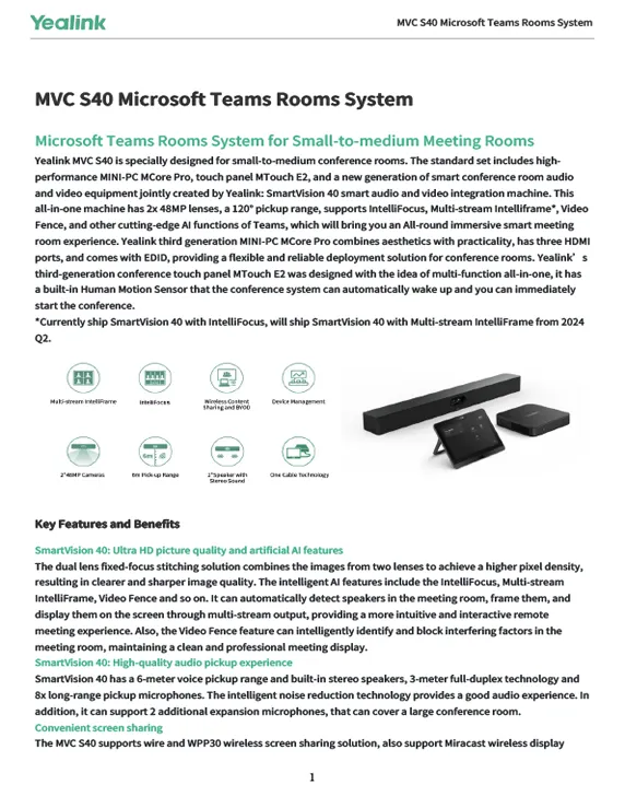 Yealink MVC S40 datasheet