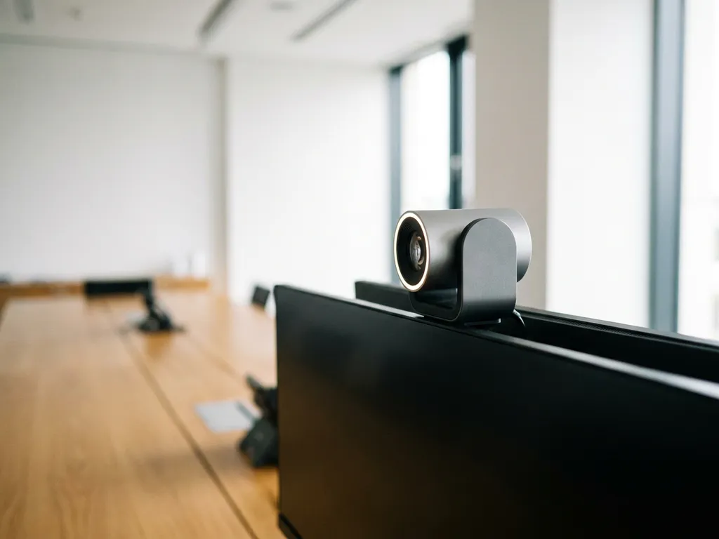 AI-gestuurde vergaderingscamera op moderne monitor in lichte zakelijke vergaderruimte met eikenhouten tafel op de achtergrond.