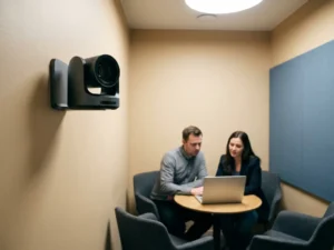 AI-conferentiecamera op de muur van een kleine huddle room, twee collega's aan een ronde tafel met laptop tijdens videovergadering.