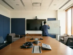 AI-conferentiecamera die automatisch een presentator bij een glazen whiteboard inkaadert in een moderne vergaderruimte.