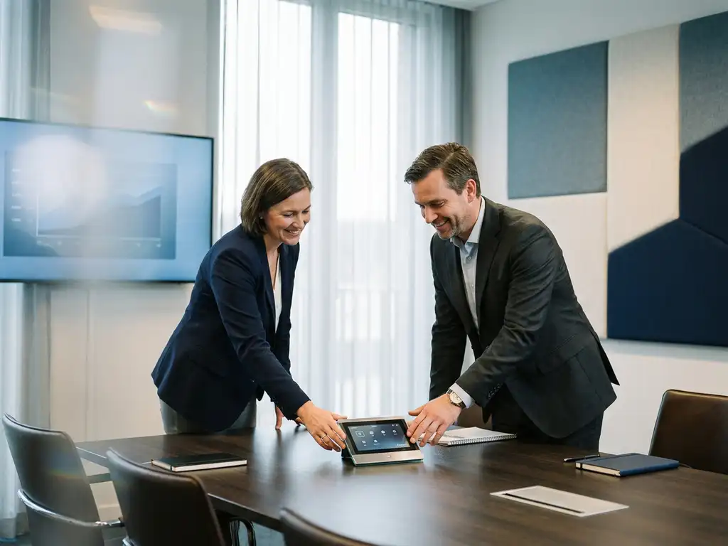 Consultant en klant bekijken samen een AV-bedieningspaneel in een moderne vergaderruimte met groot wandscherm en daglicht.