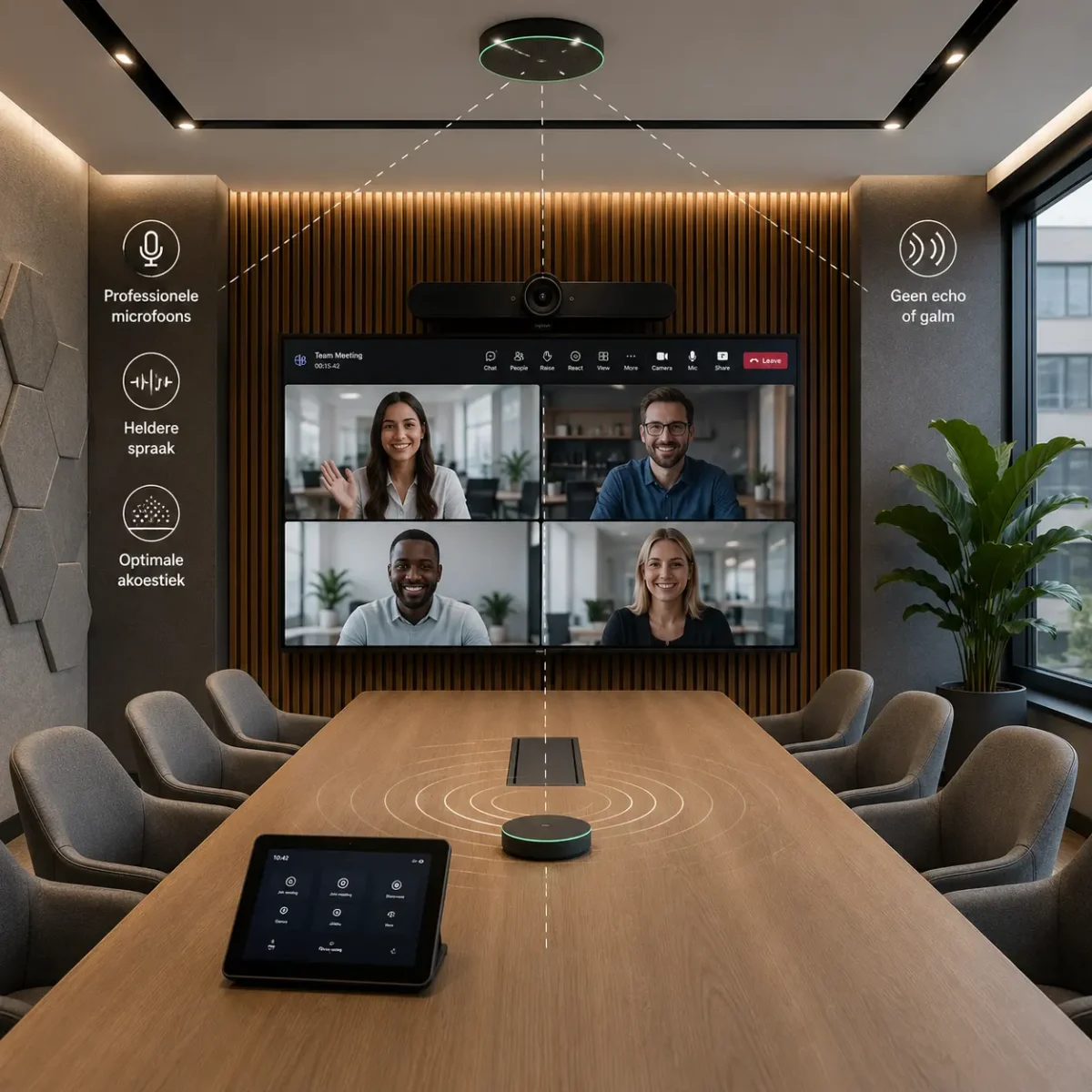 Professionele audio-oplossingen voor vergaderruimtes Vergaderruimte met professionele microfoons en hoogwaardige audio-oplossingen