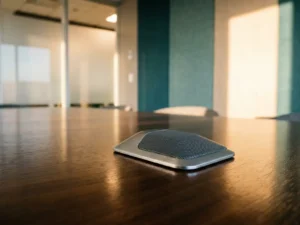 Grensmicrofoon op gepolijste vergadertafel in moderne vergaderruimte met akoestische wandpanelen en gefilterd natuurlijk licht.