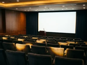 Groot auditorium met gelaagde stoelen, podium met microfoon en groot projectiescherm, verlicht door warme spotlights.