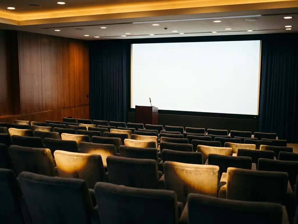 Groot auditorium met gelaagde stoelen, podium met microfoon en groot projectiescherm, verlicht door warme spotlights.
