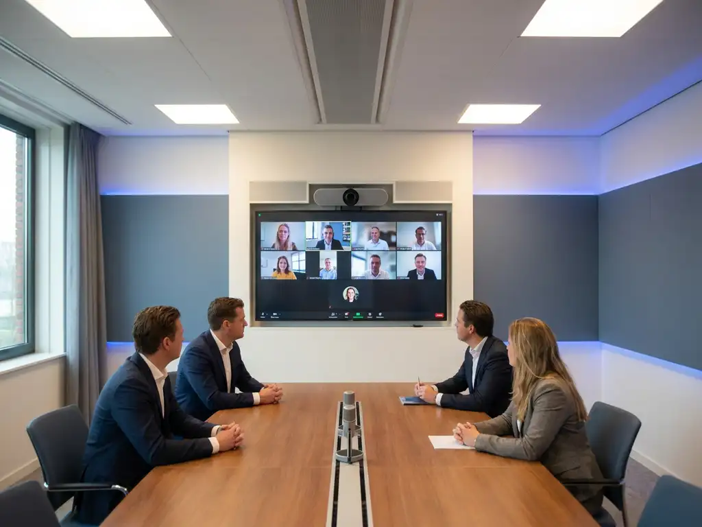 Hybride vergadering in moderne Nederlandse boardroom met conferentiecamera op scherm, microfoonarray op tafel en remote collega's zichtbaar op monitor.