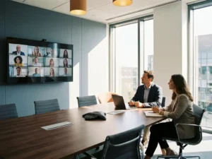 Twee professionals in moderne vergaderruimte tijdens hybride videovergadering, groot scherm met remote collega's, natuurlijk licht.
