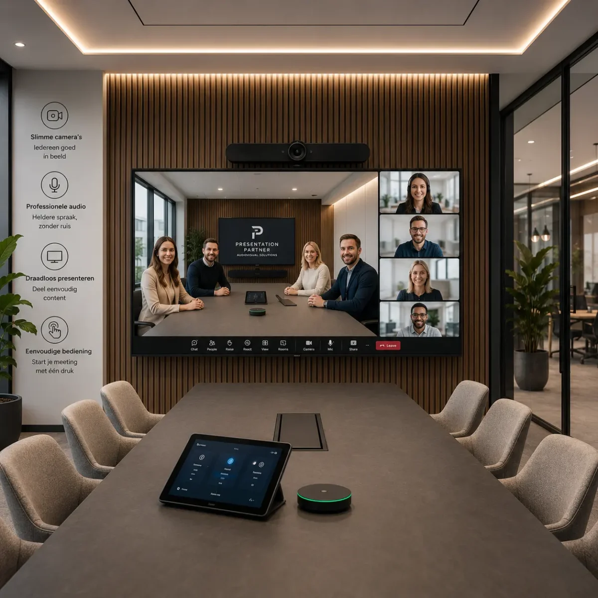 itel afbeelding Moderne hybride vergaderruimte voor professioneel samenwerken Hybride vergaderruimte met videovergaderen en audiovisuele apparatuur