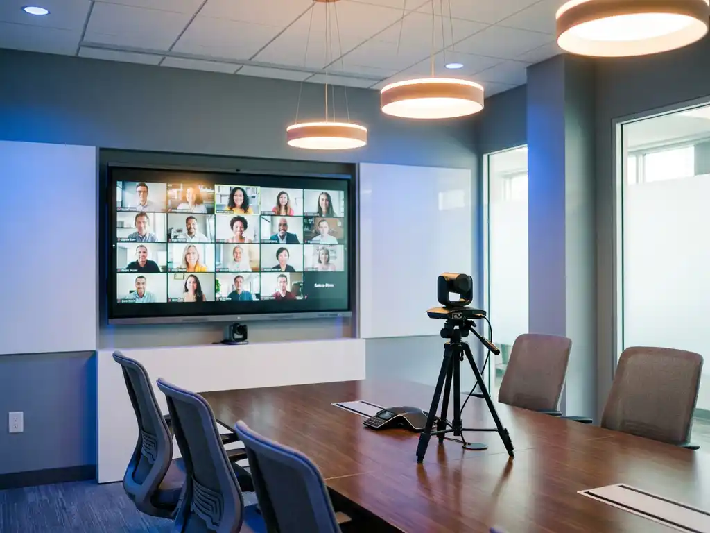 Hybride vergaderruimte met groot scherm met videovergadering, conferentietafel met camera en microfoon, warm licht en blauwe schermgloed.
