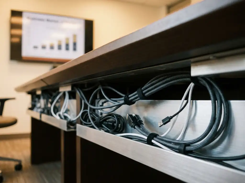 Netjes gebundelde HDMI-, stroom- en USB-kabels in kabelgoten onder vergadertafel, met wandmonitor op achtergrond.