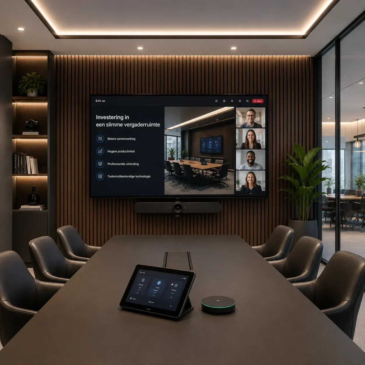 Professionele vergaderruimte met moderne AV-oplossingen Moderne vergaderruimte met audiovisuele installatie en professioneel presentatiescherm