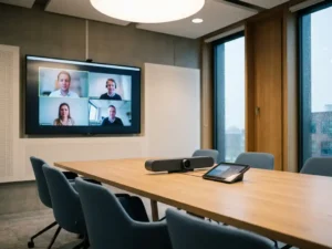 Moderne Nederlandse vergaderruimte met Microsoft Teams Rooms-opstelling, groot wandscherm met videogesprek en conferentiecamera op tafel.