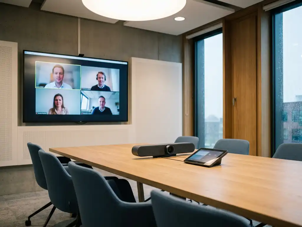 Moderne Nederlandse vergaderruimte met Microsoft Teams Rooms-opstelling, groot wandscherm met videogesprek en conferentiecamera op tafel.