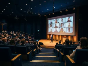 Presentator voor groot projectiescherm met videoconferentie in moderne aula met gelaagde zitplaatsen en professionele AV-apparatuur.