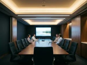 Moderne vergaderruimte met ingebouwde LED-verlichting, gepolijste vergadertafel, ergonomische stoelen en een groot wandscherm.
