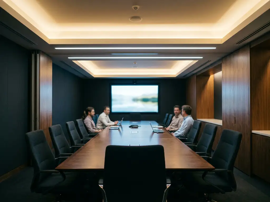 Moderne vergaderruimte met ingebouwde LED-verlichting, gepolijste vergadertafel, ergonomische stoelen en een groot wandscherm.