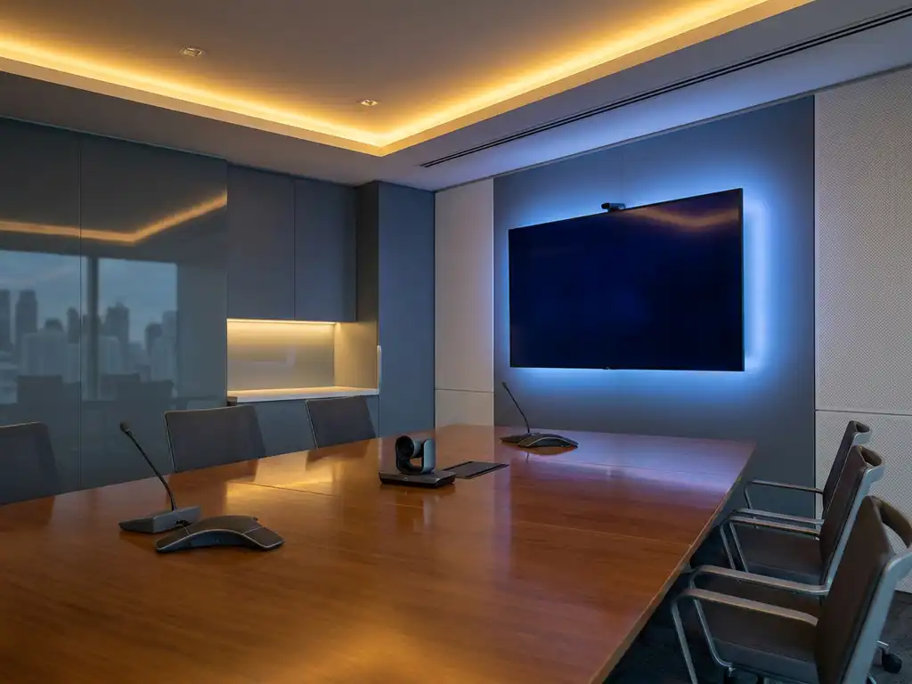 Moderne vergaderruimte met groot wandscherm in blauw licht, glanzende conferentietafel en ingebouwde microfoons en camera.