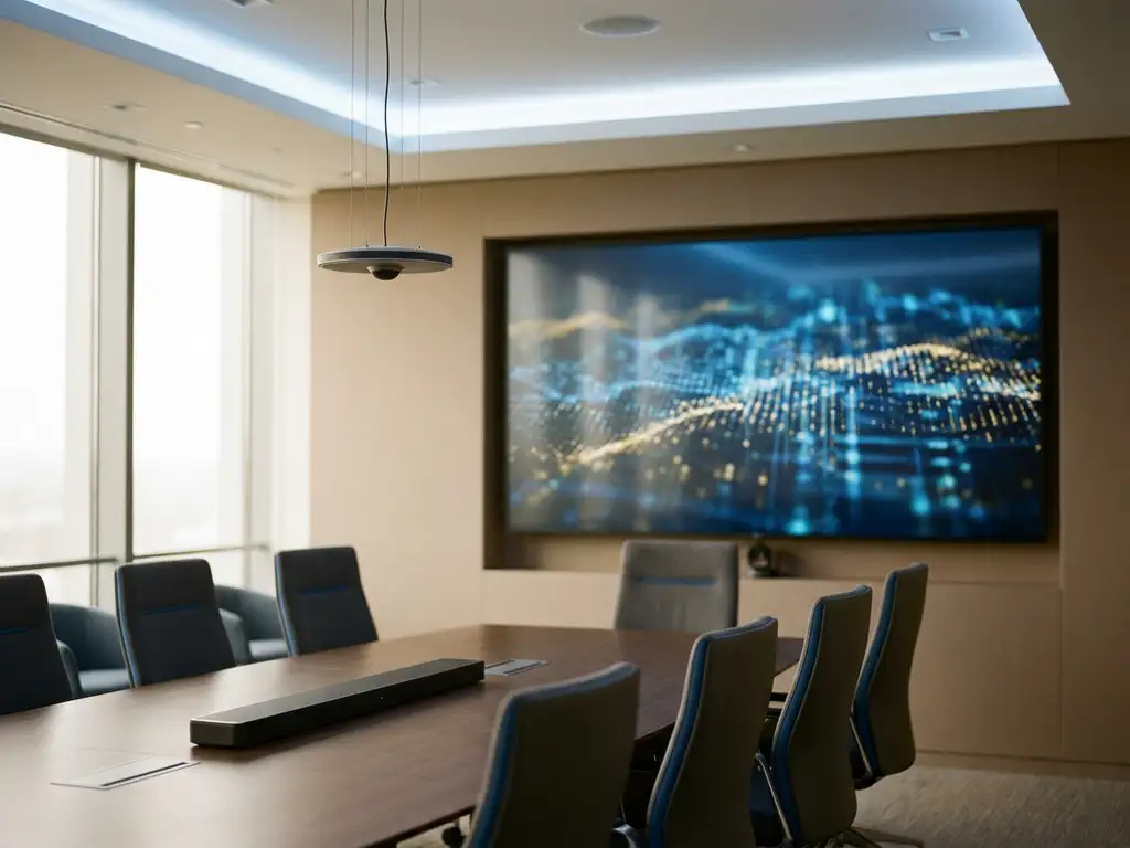 Grote wandgemonteerde vergaderscherm in moderne boardroom met conferentietafel, soundbar en plafondmicrofoon, natuurlijk daglicht.