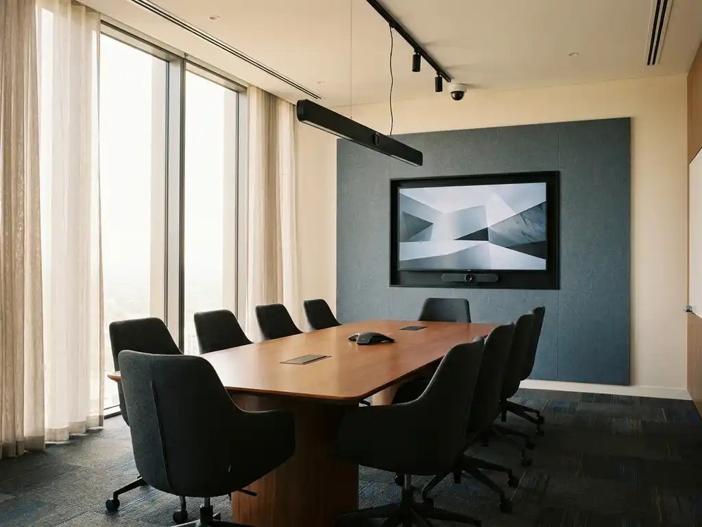 Moderne vergaderruimte met grote wandmonitor, vergadertafel met ergonomische stoelen en plafondcamera in zakelijke omgeving.