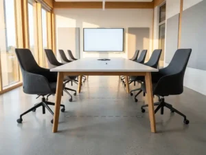 Ruime moderne vergaderruimte met ergonomische stoelen rondom een lange witte tafel, vloermarkeringen voor onderlinge afstand en een groot wandscherm.