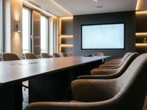 Moderne vergaderzaal met lange tafel, stoelen en verlicht beeldscherm aan de wand, warme tinten en natuurlijk licht.