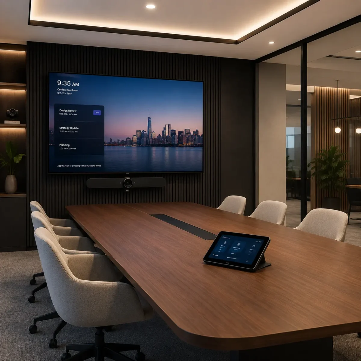 professionele-vergaderruimte-inrichten Professionele vergaderruimte met audiovisuele oplossingen en groot scherm