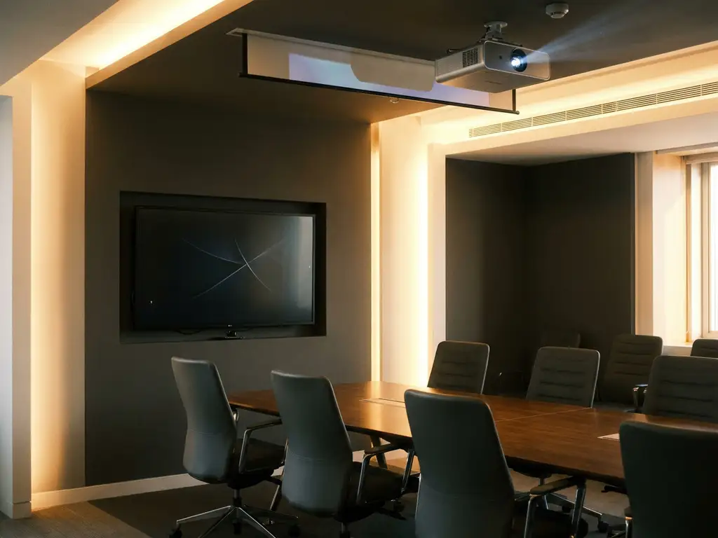 Professionele vergaderruimte met groot displayscherm en plafondprojector, omringd door ergonomische stoelen en een glanzende conferentietafel.