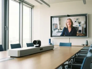 4K-scherm op witte muur toont remote deelnemer in videovergadering, met soundbar en camera op moderne vergadertafel op voorgrond.
