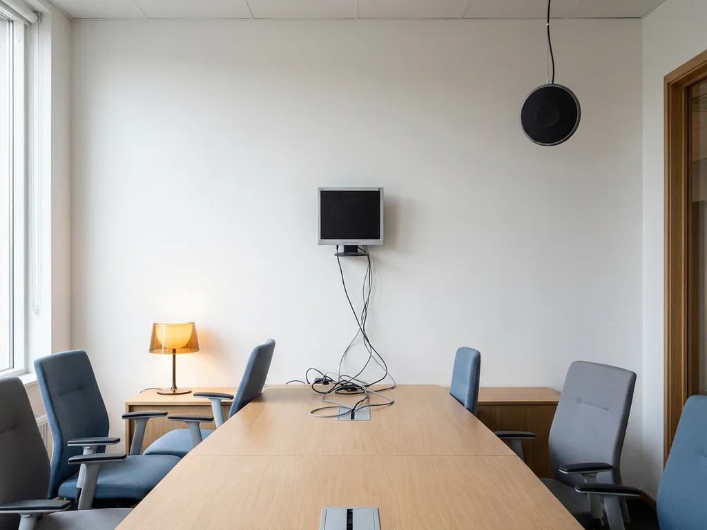 Slecht ingerichte vergaderruimte met te hoog gemonteerd scherm, zichtbare kabels onder tafel en scheef hangende plafondmicrofoon.