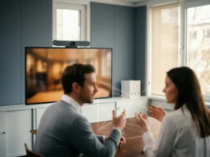 Vergaderacamera op monitor gericht op twee collega's in gesprek aan een vergadertafel, met zachte geometrische lichtpatronen en intelligente tracking.