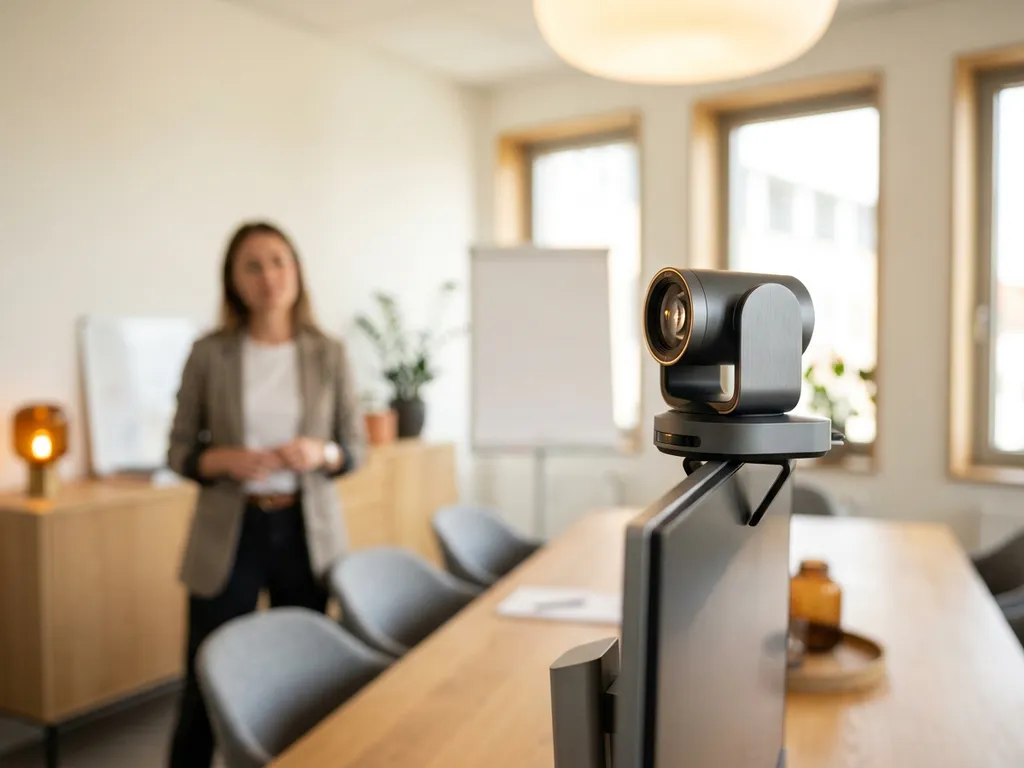 Conferentiecamera op monitor volgt automatisch staande presentator in moderne, lichte vergaderruimte.