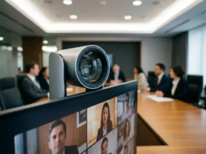 Conferentiecamera op monitor in moderne vergaderruimte, scherpe lens op voorgrond, externe deelnemers zichtbaar op scherm.