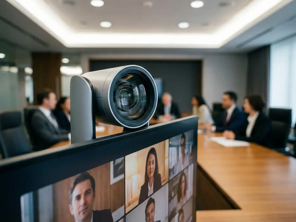 Conferentiecamera op monitor in moderne vergaderruimte, scherpe lens op voorgrond, externe deelnemers zichtbaar op scherm.