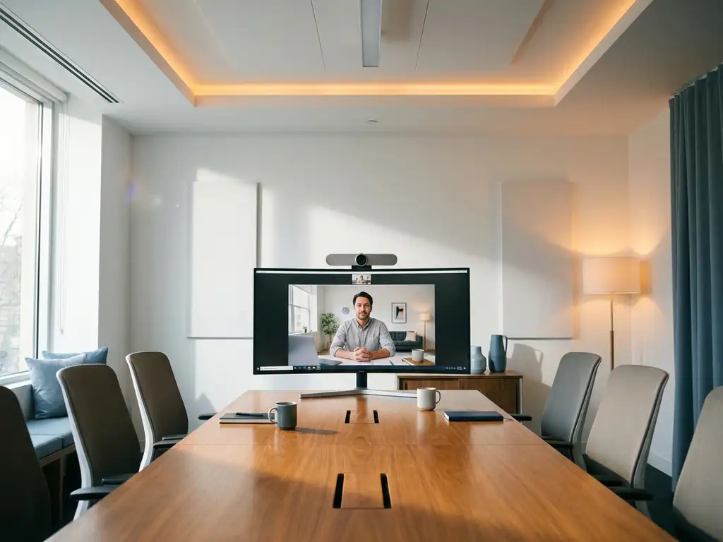 Conferentiecamera op widescreen monitor in moderne vergaderruimte met remote deelnemer zichtbaar op scherm.