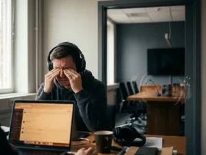 Gefrustreerde remote deelnemer met koptelefoon aan thuisbureautje, microfoon en speaker te dicht bij elkaar op vergadertafel op achtergrond.