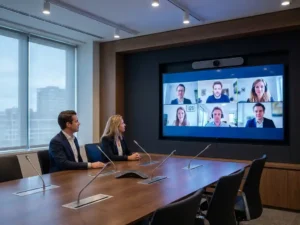 Twee professionals in een moderne vergaderruimte met een 4K-scherm met remote deelnemers, premium microfoons en een gemonteerde camera.