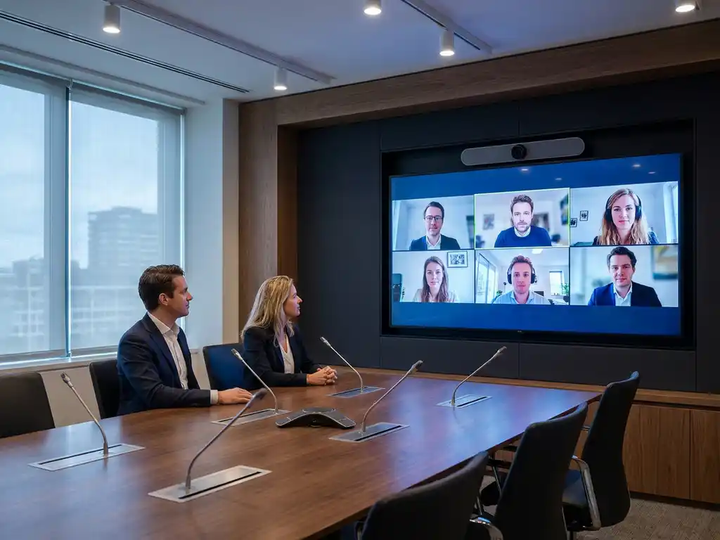Twee professionals in een moderne vergaderruimte met een 4K-scherm met remote deelnemers, premium microfoons en een gemonteerde camera.