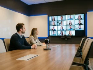 Twee collega's aan vergadertafel met omnidirectionele microfoon, terwijl remote deelnemers op groot wandscherm in beeld zijn.