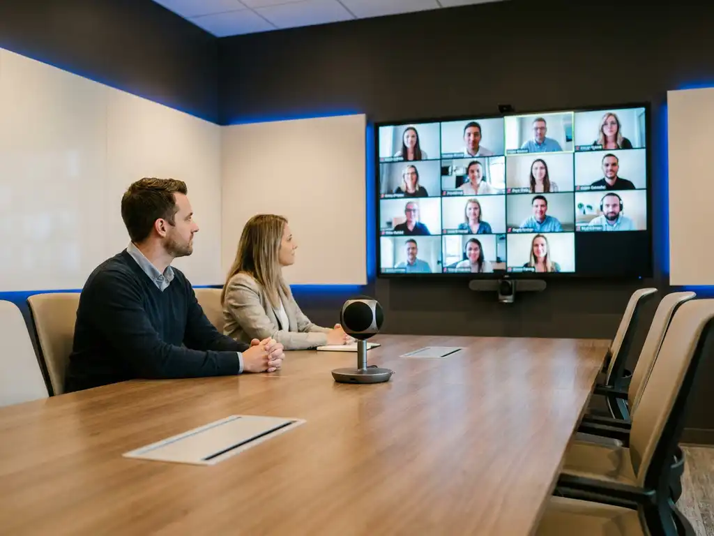 Twee collega's aan vergadertafel met omnidirectionele microfoon, terwijl remote deelnemers op groot wandscherm in beeld zijn.