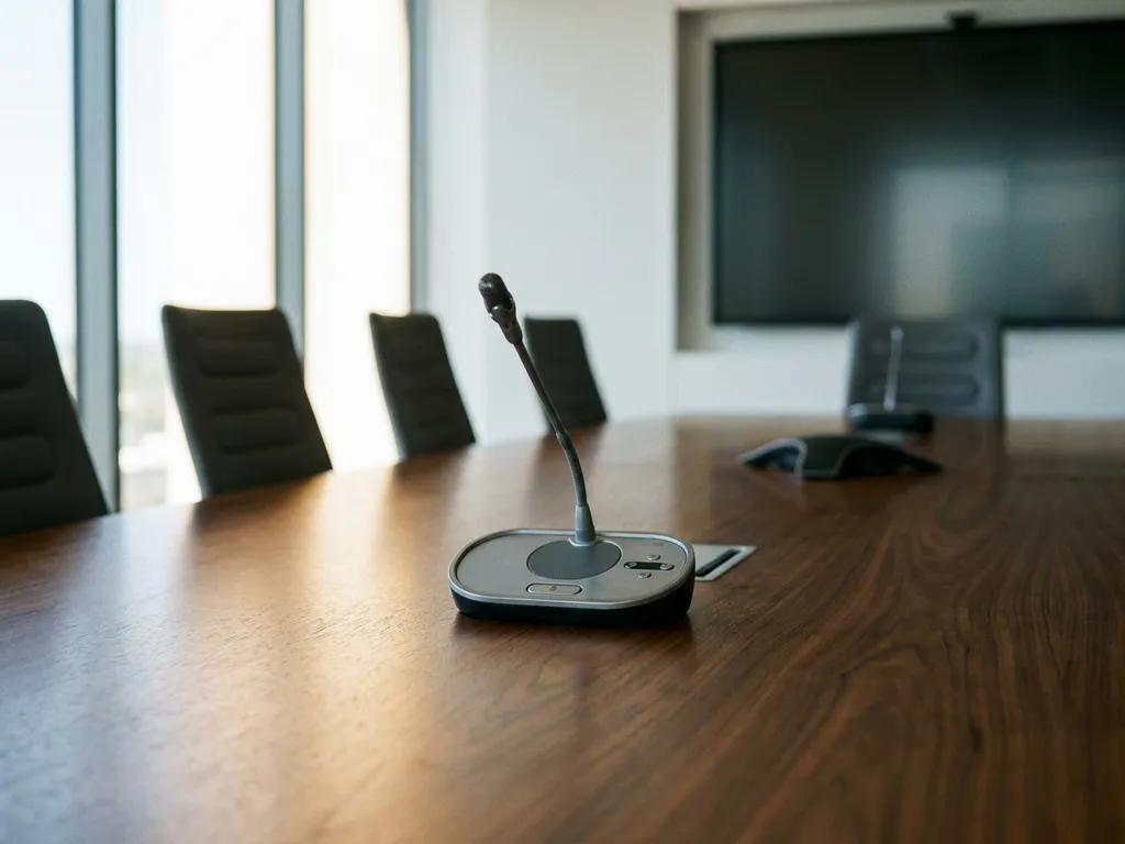 Zilveren vergadermicrofoon op een gepolijste donkerhouten tafel in een moderne boardroom met natuurlijk licht.
