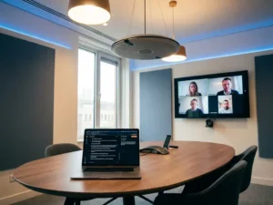 Plafondmicrofoon boven hybride vergadertafel met laptop die live transcriptie toont en remote deelnemers op wandscherm.