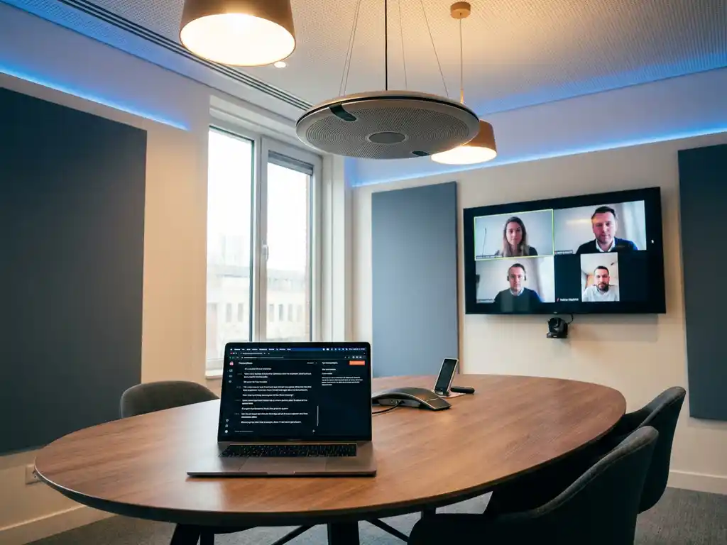 Plafondmicrofoon boven hybride vergadertafel met laptop die live transcriptie toont en remote deelnemers op wandscherm.