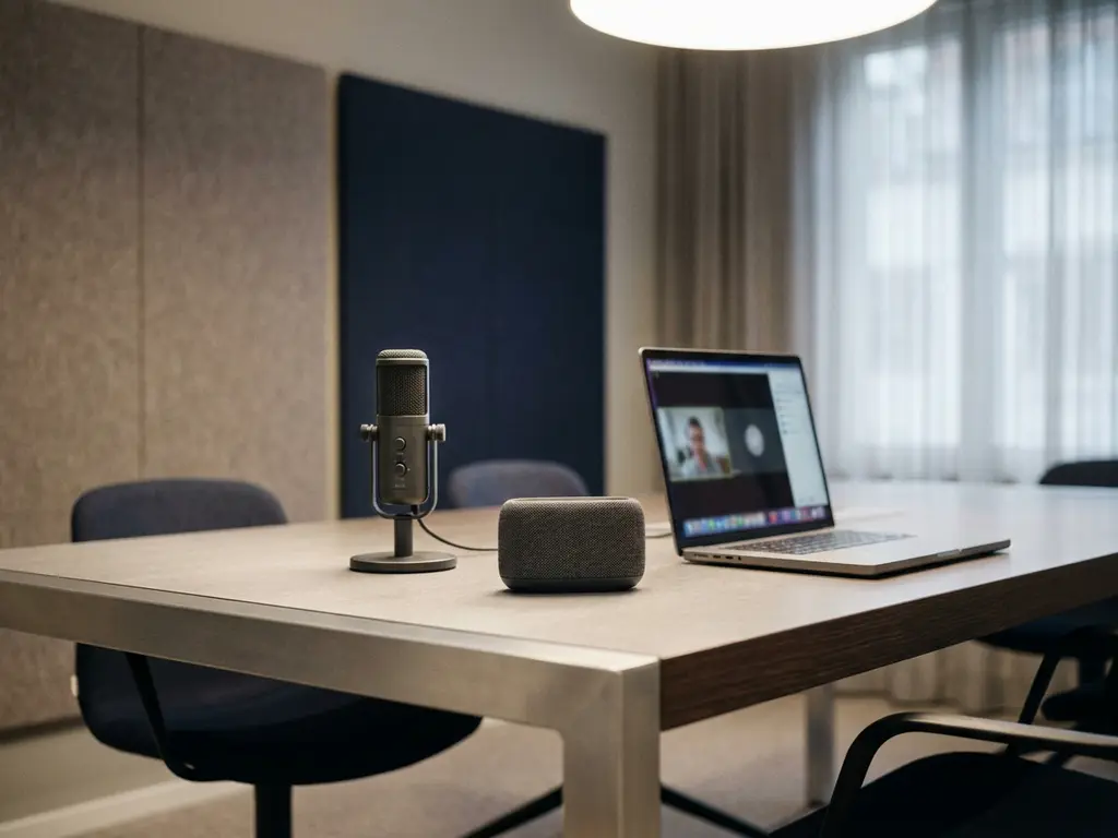 Professionele microfoon en compacte speaker op vergadertafel in moderne hybride vergaderruimte met akoestische wandpanelen.