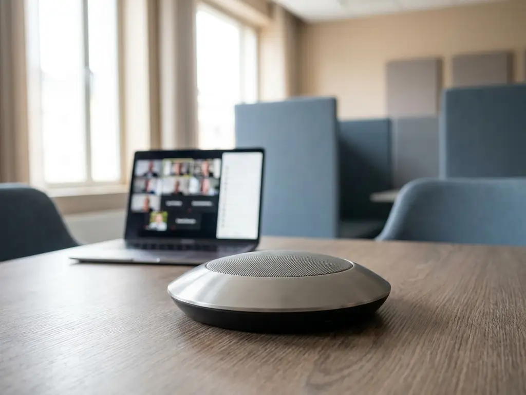 Professionele conferentiemicrofoon op vergadertafel met op de achtergrond een laptop met videogesprek in een moderne vergaderruimte.