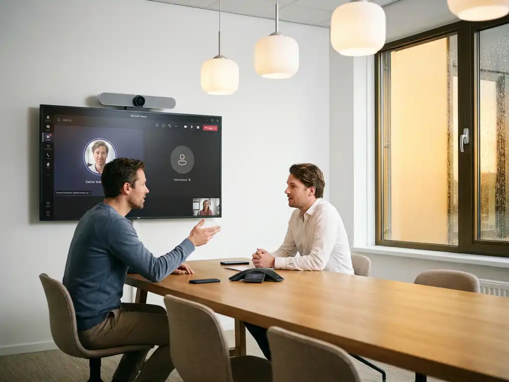 Intelligente vergadercamera boven scherm kadert automatisch twee professionals in modern Nederlands boardroom met eikenhouten tafel.
