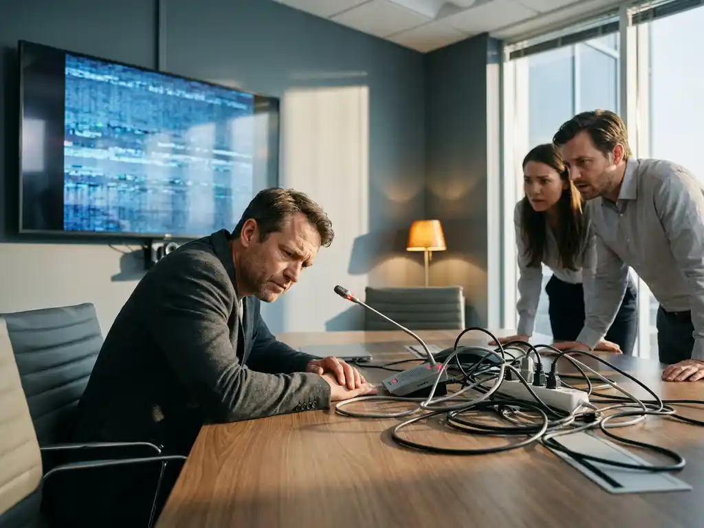 Gefrustreerde professional aan vergadertafel met verwarde kabels, flikkerende display en niet-werkende microfoon, verwarring bij collega's.