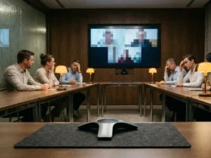Vergaderzaal met bevroren videogesprek op groot scherm, gefrustreerde deelnemers aan lange tafel, premium microfoon op voorgrond.