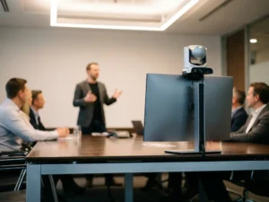 Vergadercamera op monitor volgt staande presentator mid-gebaar, collega's onscherp op achtergrond, moderne boardroom met zacht plafondlicht.