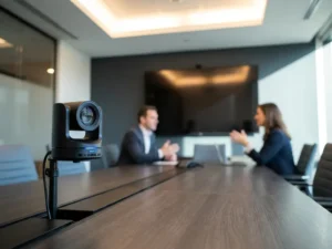Conferentiecamera op vergadertafel die automatisch twee professionals inkadrert, blauw indicatielampje, groot beeldscherm op achtergrond.