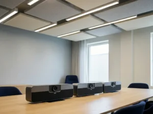 Drie moderne conferentiecamera's en speakerbars naast elkaar op een vergadertafel in een strakke boardroom.